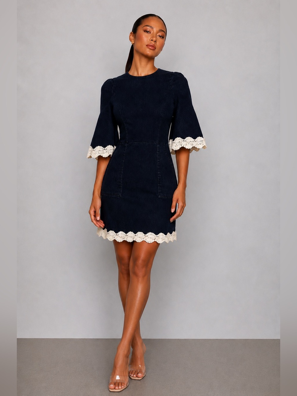 NICHOLAS Denim Dress Lace Trim Bell Sleeve Shift Dress Size 4